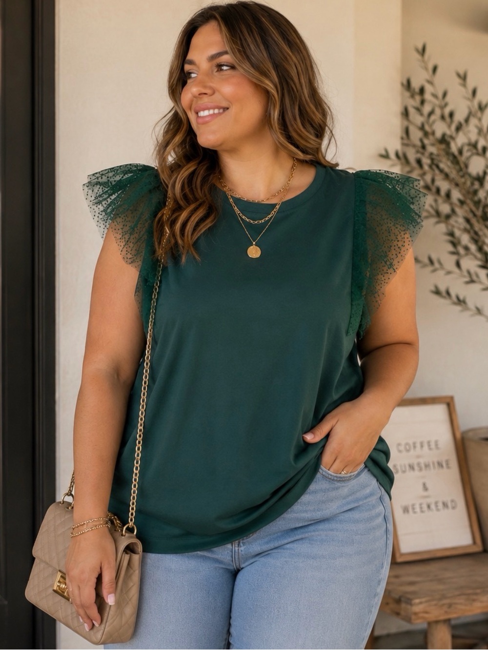 Boden 16/18 Tulle Shoulder Knit Top Tank Forest Green Swiss Dot City Preppy